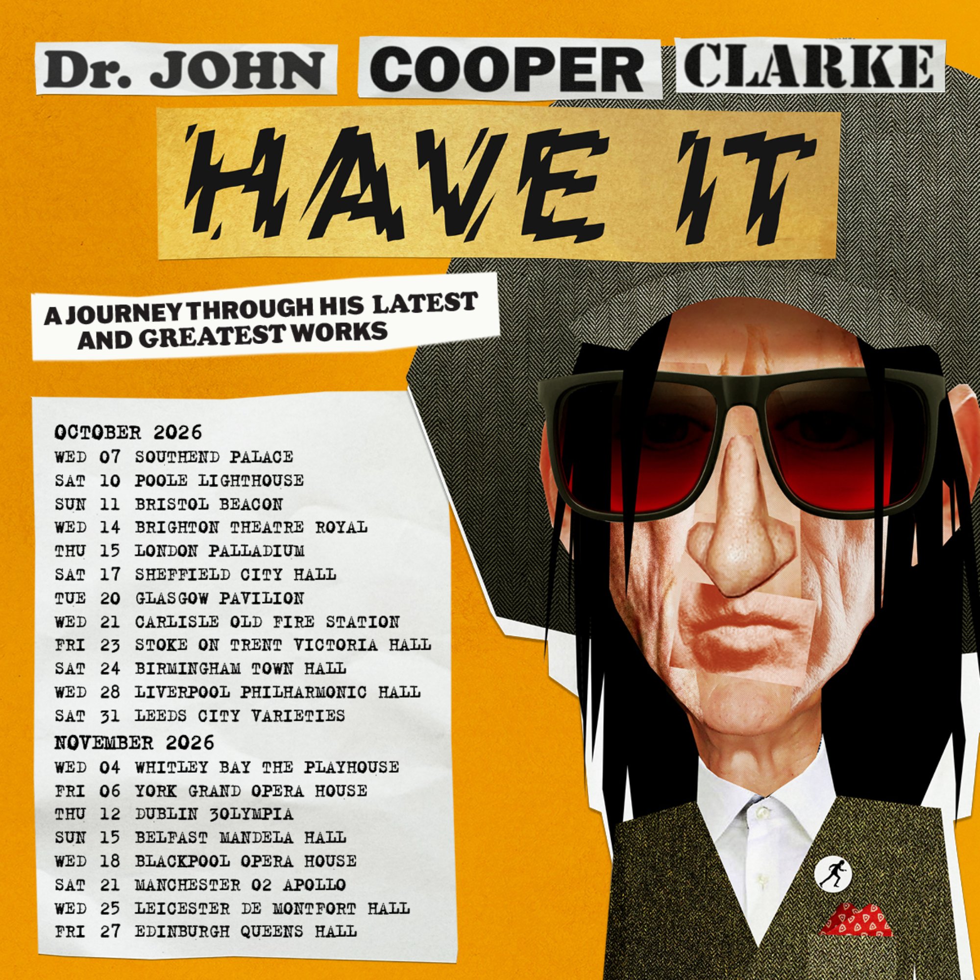 Dr John Cooper Clarke 2026 UK tour poster